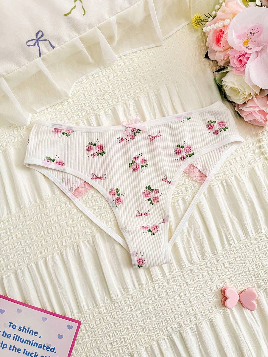 SHEIN 1条纯真花卉蕾丝无裆内裤，性感设计，适合年轻女性 - 白色 - 查看 1