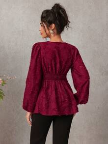 SHEIN 休闲纯色纹理灯笼袖衬衫，秋季 - 酒紅色 - 查看 3