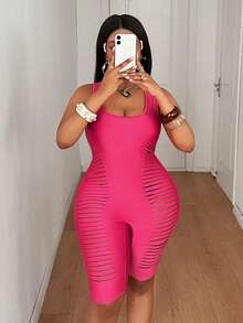 Maweii Plus Size Women Solid Color Distressed Design Jumpsuit ShortsValentine's Day - Pink - View 6