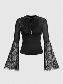 ROMWE Spring/SummerblackGothic Cross Lace Trim Mesh Patchwork Flare Sleeve Women Top - Black - View 1