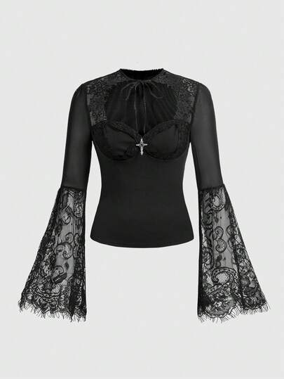 Gothic Cross Lace Trim Mesh Patchwork Flare Sleeve Women Top