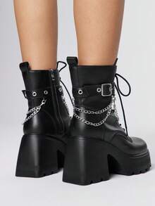 ROMWE Giày bốt cao gót buộc dây đến giữa bắp chân có khóa cài kiểu Corns Buckle Chain dành cho nữ - màu đen - Xem 5