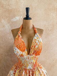 Soleia 度假风多色拼接花卉复古浪漫休闲褶皱扭结蝴蝶结露背收腰荷叶边A字连衣裙 - 彩色 - 查看 4