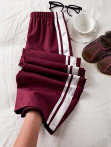 少女侧条纹针织腰带宽松裤 - 酒紅色 - 查看 1