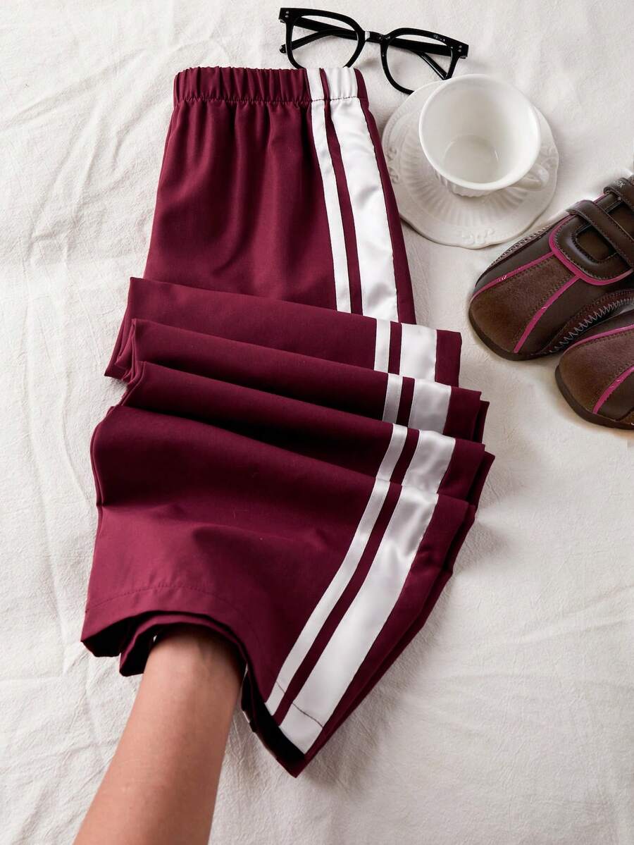少女侧条纹针织腰带宽松裤 - 酒紅色 - 查看 1