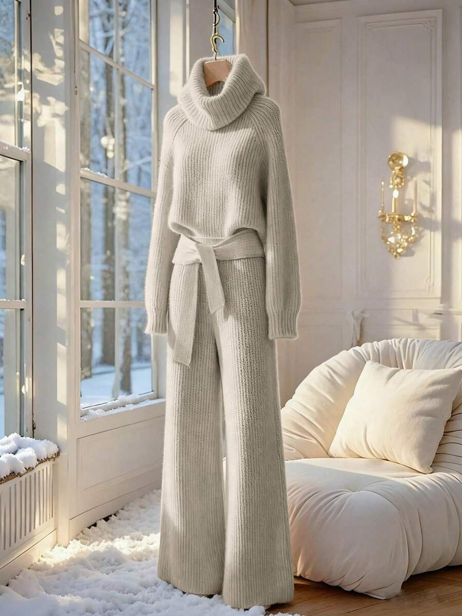 SHEIN Franclia Bộ 2 áo len cổ lọ màu trơn dáng rộng thoải mái cho nữ, đa năng và thanh lịch, mùa thu/đông - Màu nâu Mocha - Xem 1