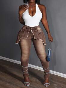 Slaydiva Jeans de talla grande con lavado desgastado y ajuste delgado 2 en 1 - Café integral - Ver 6
