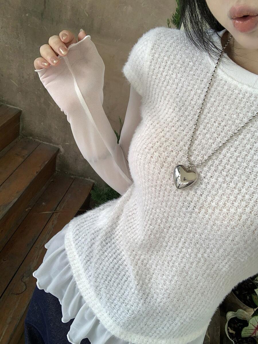 DAZY 女士圆领长袖荷叶边下摆二合一T恤 - 灰色 - 查看 1