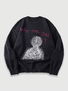 Suéter casual de hombre con estampado de eslogan abstracto, otoño/invierno - Negro - Ver 1