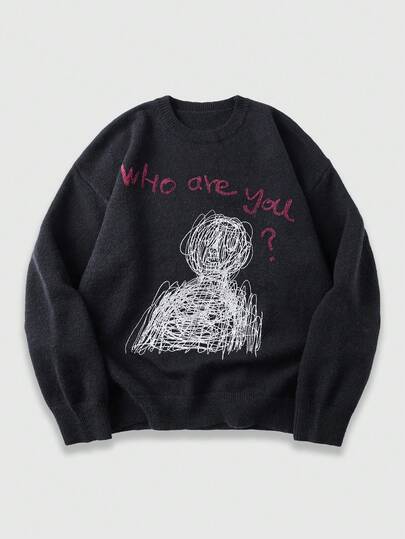 Herren Lässig Pullover mit abstraktem Slogan-Muster, Herbst/Winter