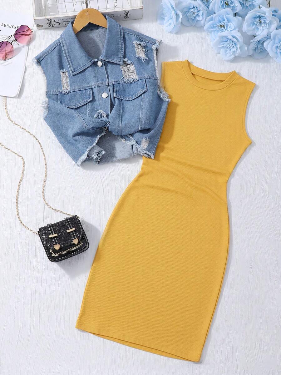 2pcs/Set Teen GirlBlack Knit Camisole Dress With Denim Vest, Commuter Casual Outfit - Ginger - View 1