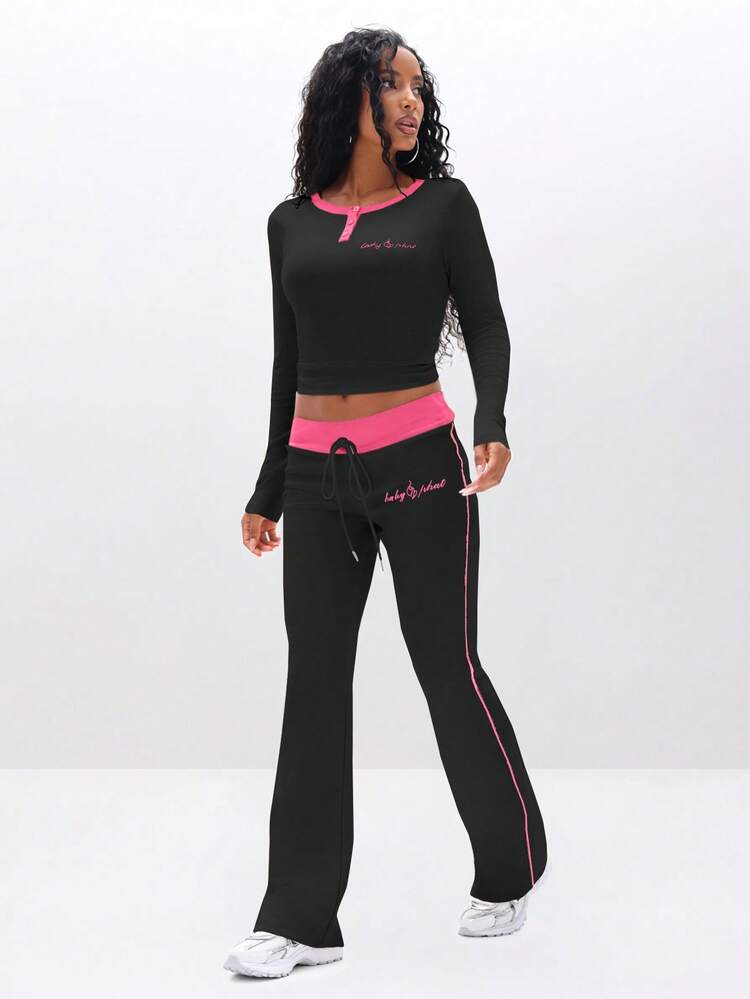 BABYPHAT Ribbed Flare Leggings With Hot Pink Contrast Waistband And Side Stripe Detail Embroidered Text Casual Loungewear Pants