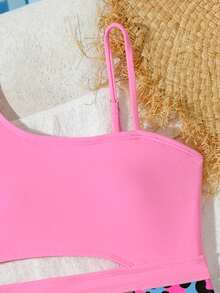 SHEIN Ragazze pre-adolescenti Abito con stampa leopardata e design asimmetrico sul collo e vita cava, di moda per vacanze, nuoto, spiaggia estiva - Rosa - Visualizzare 4