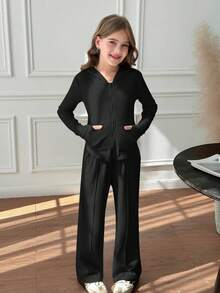 Tween Girls 2pcs Solid Drawstring Hoodie Top And Wide Leg Pants Set, Casual For Spring/Autumn, Daily Wear - Black - View 7
