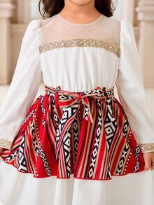 Young Girls White Splice Red Vintage Floral Mesh Midi Dress,Autumn Puff Sleeve Princess Dress - Multicolor - View 9