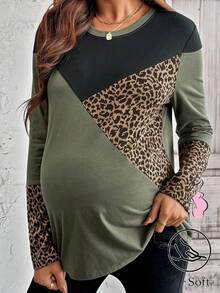 SHEIN Camiseta Casual de Manga Longa com Gola Redonda e Estampa de Onça para Gestantes - Multicolorido - Visão 1