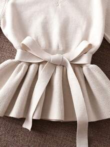 Sparklyn 女童两件套毛衣套装，V领针织上衣和裤子，时尚收腰设计，居家、户外、旅行皆宜，秋冬季针织套装休闲两件套，长袖系带上衣，女式两件套裤装 - 杏色 - 查看 5