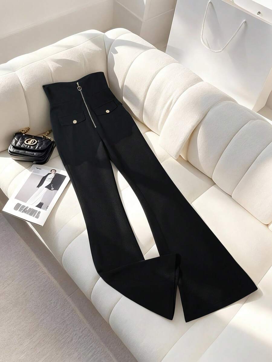 SHEIN Franclia Quần ống loe thanh lịch, màu trơn, thời trang độc đáo mới dành cho nữ, quần dài bó sát, cạp cao, khóa kéo kim loại - màu đen - Xem 1