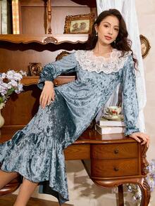 Váy Maxi Dài Cạp Rộng Phối Ren & Nhung Thanh Lịch Kiểu Pháp Côtesoire, Váy Ngủ Quyến Rũ Cho Nữ Mùa Thu/Đông - Màu xanh bụi bặm - Xem 6