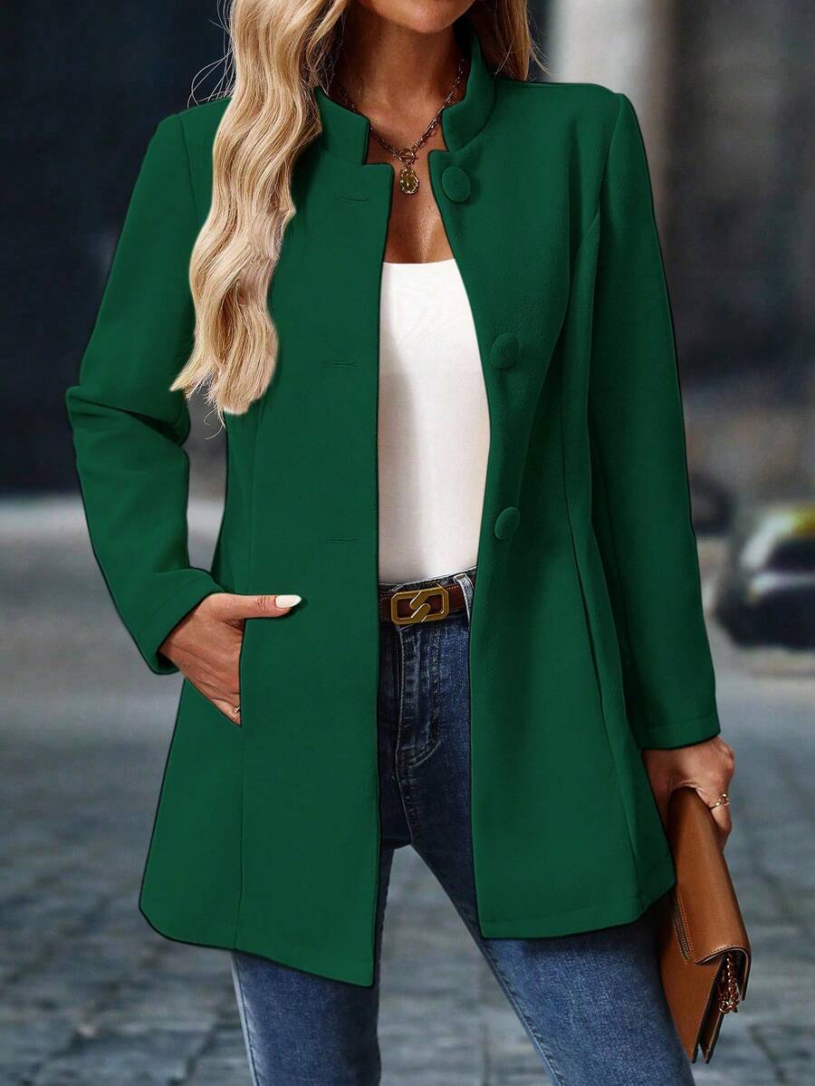 EMERY ROSE 女士休闲立领中长款加厚羊毛混纺大衣，长袖，秋冬款 - 綠色 - 查看 1