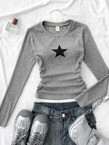 Teen Girls Solid Color Star Pattern Pleated Camisole, Suitable For Casual Wear, Winter Cute Tops - Light Grey - View 7