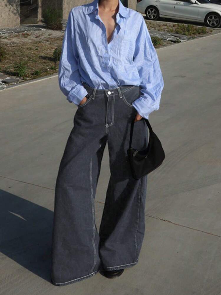 Women's Solid Color Loose Wide Leg Long Denim Jeans Y2k