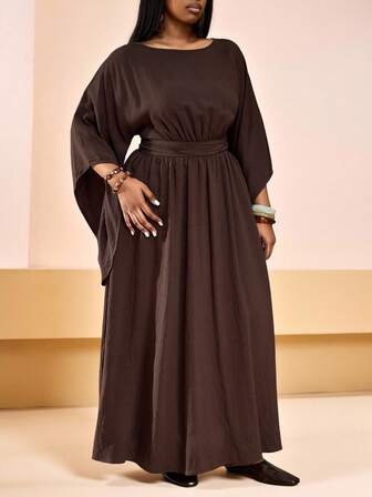 Truni Plus Size Women Elegant Loose Brown Long Sleeve Flare Sleeve Midi Dress, Commuter Style Batwing Sleeve Dress Chocolate Brown Dress Coffee Brown Elegant Dress Women, For Pear Triangle Body Shape/2026 /New Year