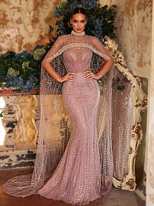 Glamrae Elegant Luxurious Pearl Beaded Design Detachable Jacket Sexy Strapless Mermaid Dress, Suitable For Weddings, Parties, Vacations, Galas, Formal Occasions (Heavily Embellished) - Pink - View 11