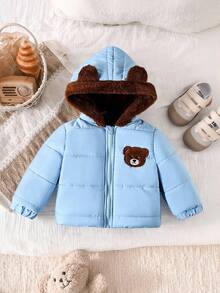 SHEIN Baby Boys/Girls Black Casual Cute Bear Embroidered 3D Ear Hoodie Zip-Up Long Sleeve Quilted Thick Cotton Jacket, Bear Embroidery On Chest Is Playful & Adorable, Loose Fit Comfortable, Suitable For Outdoor, Casual, Home Play, Unisex Hooded Padded Cotton Jacket For Infants, Toddlers, 6M-3T Cute Baby Boy Clothes Winter Baby Boys 0 3yrs Jacket Baby Boy Bear Outfit Baby Bear Jacket - Blue - View 4