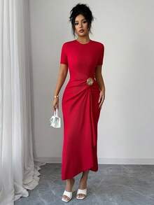 Elenzga Vestido elegante con decoración floral metálica, drapeado y fruncido, apropiado para fiestas, bodas, San Valentín. Vestido rojo de moda para la primavera/verano temprano y uso casual diario - Rojo - Ver 3
