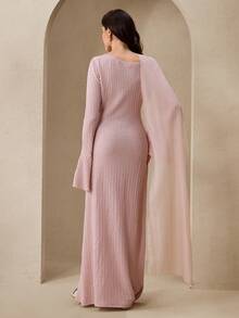 Graceveil Elegant Women's Long Sleeve Knit Dress With Oblique Neckline, Applique, Mesh Ribbons, Textured Fabric, Fitted Silhouette, Pink Color - Pink - View 4