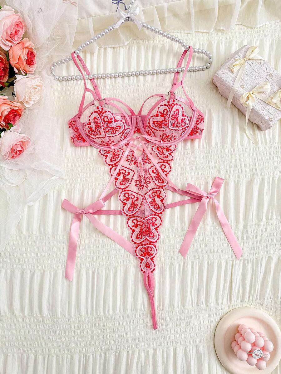 1pc Sexy Lace Criss-Cross Backless Deep V Design Lingerie Set, Romantic & Seductive - Multicolor - View 1