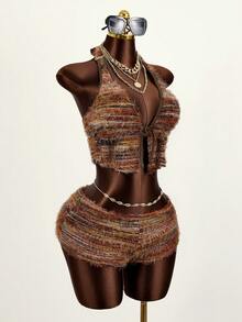 Zestiva High-Selling Beach Vacation Casual Halter Neck Tie-Up 2 Pieces Set, Spring/Summer, Christmas Outfits, New Year Outfits - Multicolor - View 4