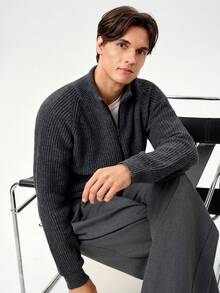 RONVEXI Men's Casual Daily Cardigan Knit Wear Men Men Sweater Jacket Men Cardigans Mock Neck Men - Dark Grey - View 3