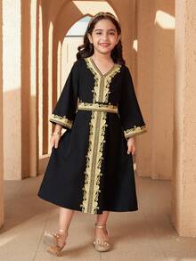Young Girls Colorblock Printed Long Sleeve Dress Kids Black Abaya Girls Kids Arabian Dress Kids Dress For Girls, Abaya Dress For Girls, Arabian Dress For Girls - Black - View 5