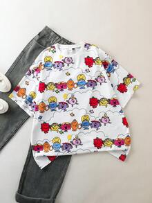 Mr Men Little Miss X SHEIN Women's Casual Cute Cartoon Pattern Round Neck Short Sleeve T-Shirt, Summer - Multicolor - View 6