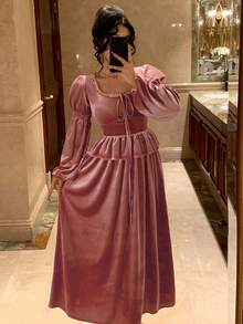 DAZY Robe mi-longue élégante pour femmes avec manches bouffantes, doublure thermique et patchwork de sequins avec lien, pour l'automne/hiver - Rose bonbon - Voir 10