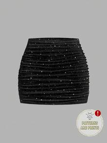SHEIN MOD Women's Casual Minimalist Ruched Low Waist Bodycon Mini Skirt, Suitable For Parties,Women Party Skirt,Black Skirt,Sparkly Skirt - Multicolor - View 6