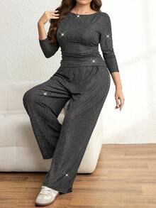 SHEIN LUNE 2 piezas Conjunto de top de manga larga y pantalones de tela cómoda y texturizada para mujer de talla grande - Negro - Ver 8