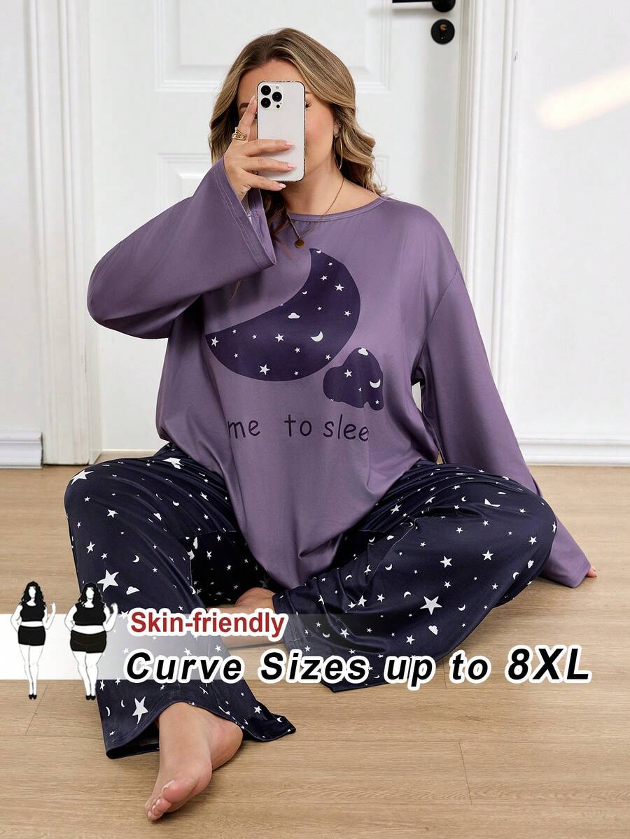 SHEIN CURVE+ 大码女式草莓爱心印花落肩长袖上衣和裤子睡衣套装，情人节休闲装 - 彩色 - 查看 1