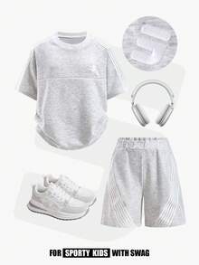 JNSQ 男童两件套：宽松圆领短袖卫衣，饰有刺绣字母图案，搭配宽松运动裤，适合春夏户外活动、休闲穿着、度假、街头风和休闲场合。 - 淺灰色 - 查看 1