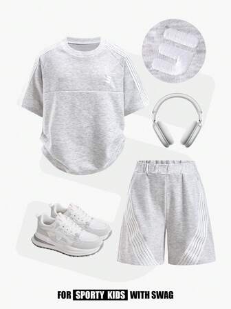 JNSQ 男童两件套：宽松圆领短袖卫衣，饰有刺绣字母图案，搭配宽松运动裤，适合春夏户外活动、休闲穿着、度假、街头风和休闲场合。