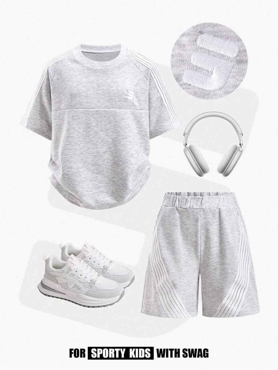 JNSQ 男童两件套：宽松圆领短袖卫衣，饰有刺绣字母图案，搭配宽松运动裤，适合春夏户外活动、休闲穿着、度假、街头风和休闲场合。 - 淺灰色 - 查看 1
