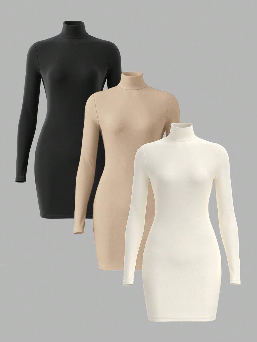 SHEIN BASICS 3pcs Solid Color Knit Long Sleeve Fitted Turtleneck Mini Dress For Women Mock Neck Dress Tight Long Sleeve Mini Dress - Apricot - View 1