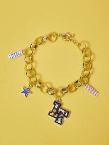 LOONEY TUNES X SHEIN 1pc Fashionable Cartoon Element Printed Zinc Alloy Dangle Five-Pointed Star & Letter Bracelet, Luxury Niche, Casual Chic, Suitable For Party, Concert, Festival - Gold - View 2