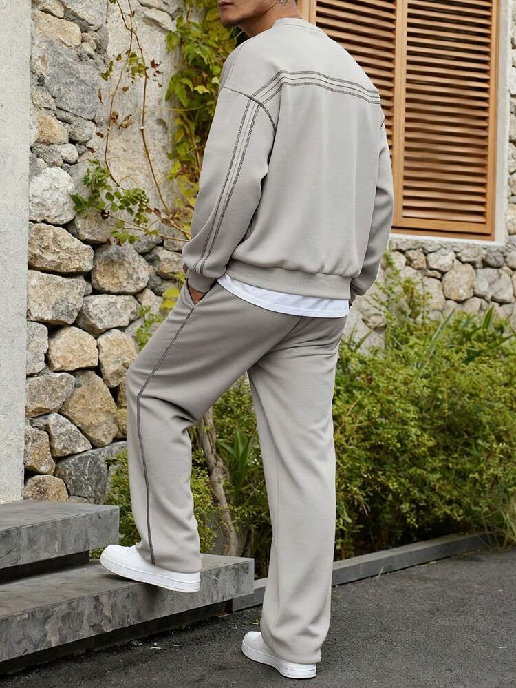 Men's Solid Color Decorative Striped Beige Pullover Sweatshirt Set, Spring/Autumn