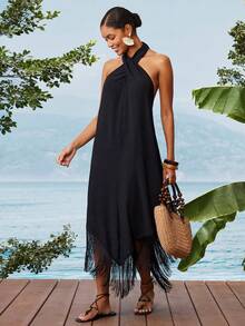 Travachic Váy đi nghỉ màu trơn dành cho nữ có viền tua rua, cổ yếm và dây chéo - màu đen - Xem 3