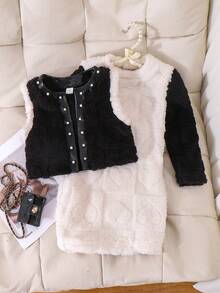 SHEIN Elladie kids 两件套女童可爱白色爱心图案无袖毛绒外套搭配时尚舒适的毛绒连衣裙，秋冬装 - 黑色 - 查看 7