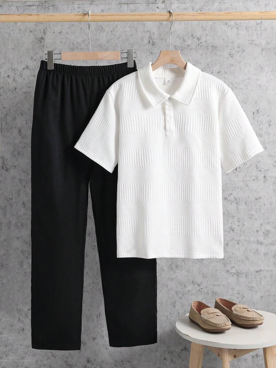 2pcs/Set Teen Boy Gentleman Outfit - White Collared Polo Shirt + Black Trousers, Versatile Suit For Business, School, Party, Daily Casual Wear, Elegant & Minimalist Style Boys Casual Pants Suit Outfit - White - View 1