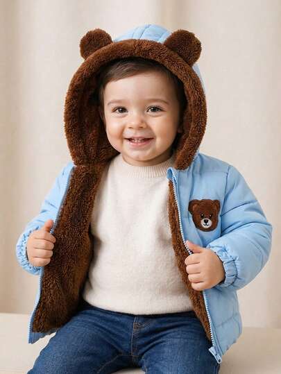 SHEIN Playful Pals Baby Boys/Girls Black Casual Cute Bear Embroidered 3D Ear Hoodie Zip-Up Long Sleeve Quilted Thick Cotton Jacket, Bear Embroidery On Chest Is Playful & Adorable, Loose Fit Comfortable, Suitable For Outdoor, Casual, Home Play, Unisex Hooded Padded Cotton Jacket For Infants, Toddlers, 6M-3T Cute Baby Boy Clothes Winter Baby Boys 0 3yrs Jacket Baby Boy Bear Outfit Baby Bear Jacket